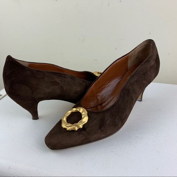 Vintage Paloma Brown Suede Pointy Toe Heels Satin Gold Circle Accent - Picture 12 of 13